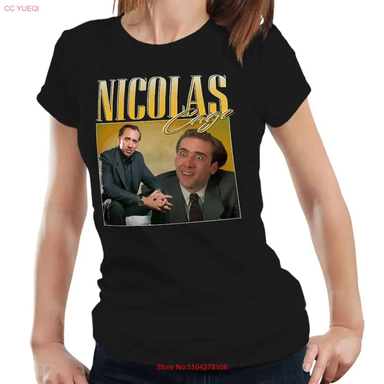 Maglietta Nicolas Cage semi-aderente da donna, omaggio divertente e vintage, effetto lavato, per l'uso quotidiano, leggermente vintage.