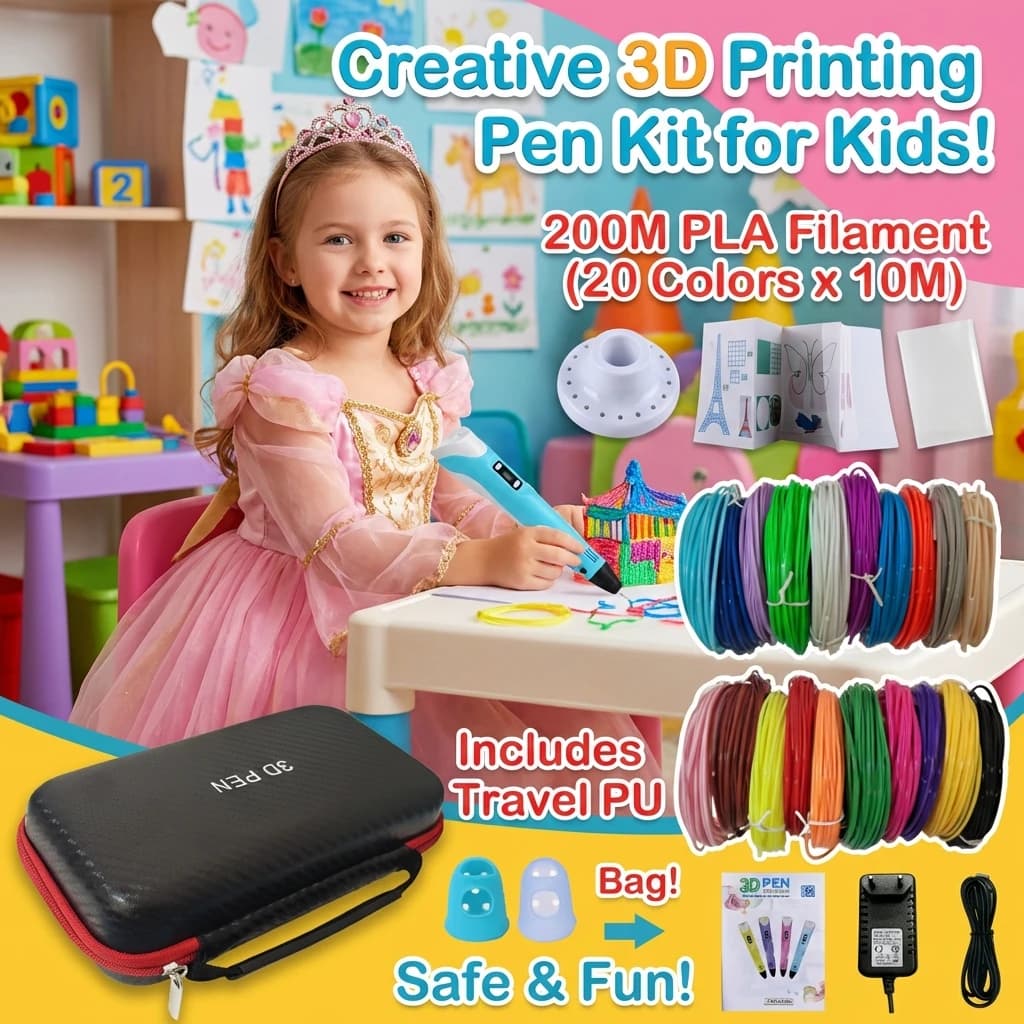 3D Pen for Children, 3D Drawing and Printing Pen with 200M PLA Thread, LCD Screen and Power Adapter, DIY Gift for Christmas and Birthday