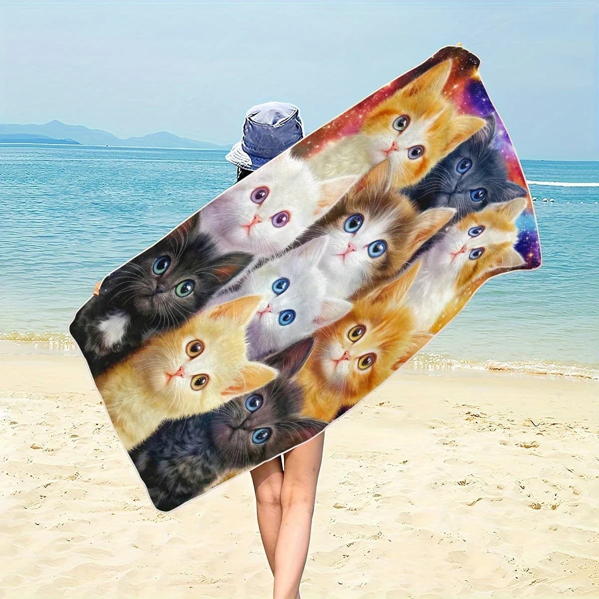 Simpatici gattini galattici, telo mare con motivo, protezione solare e antivento, adatto per piscina, campeggio, coperta da viaggio