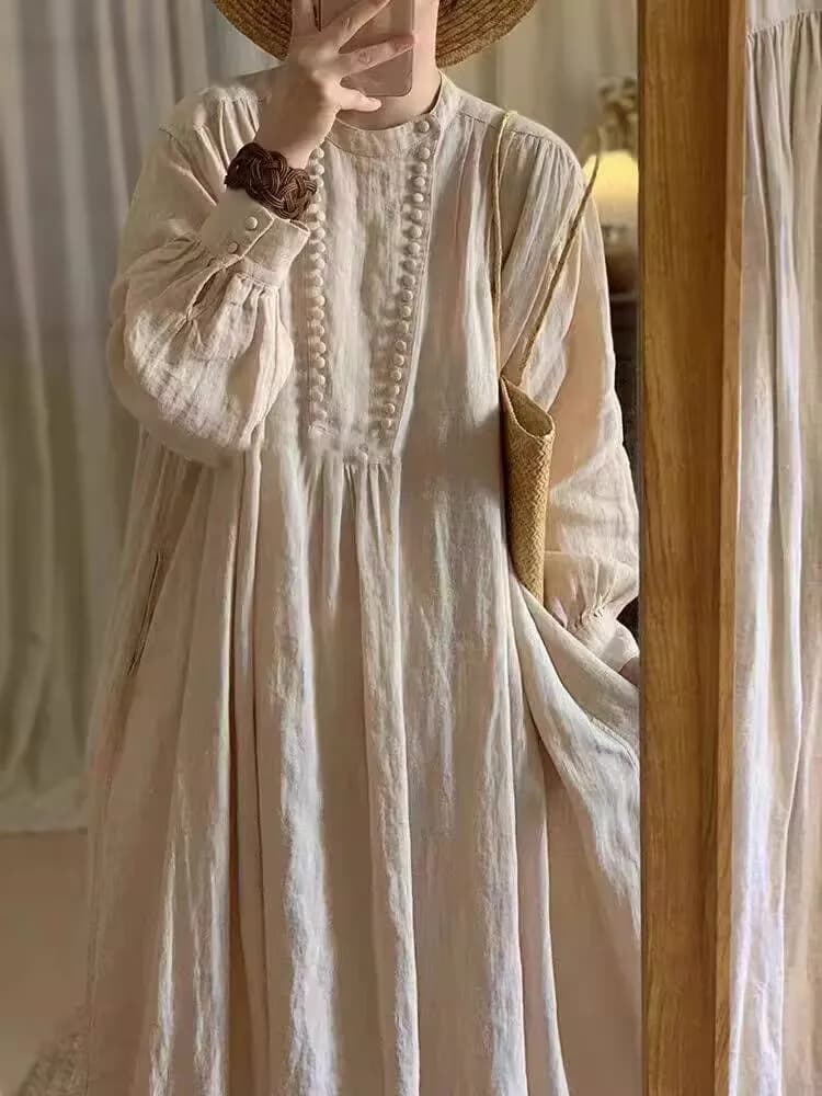 Artistic Retro Flax Dress Women Spring Large Size Zen Cotton Flax Tea Shirt Lantern Sleeve Linen Shirt Long Skirt