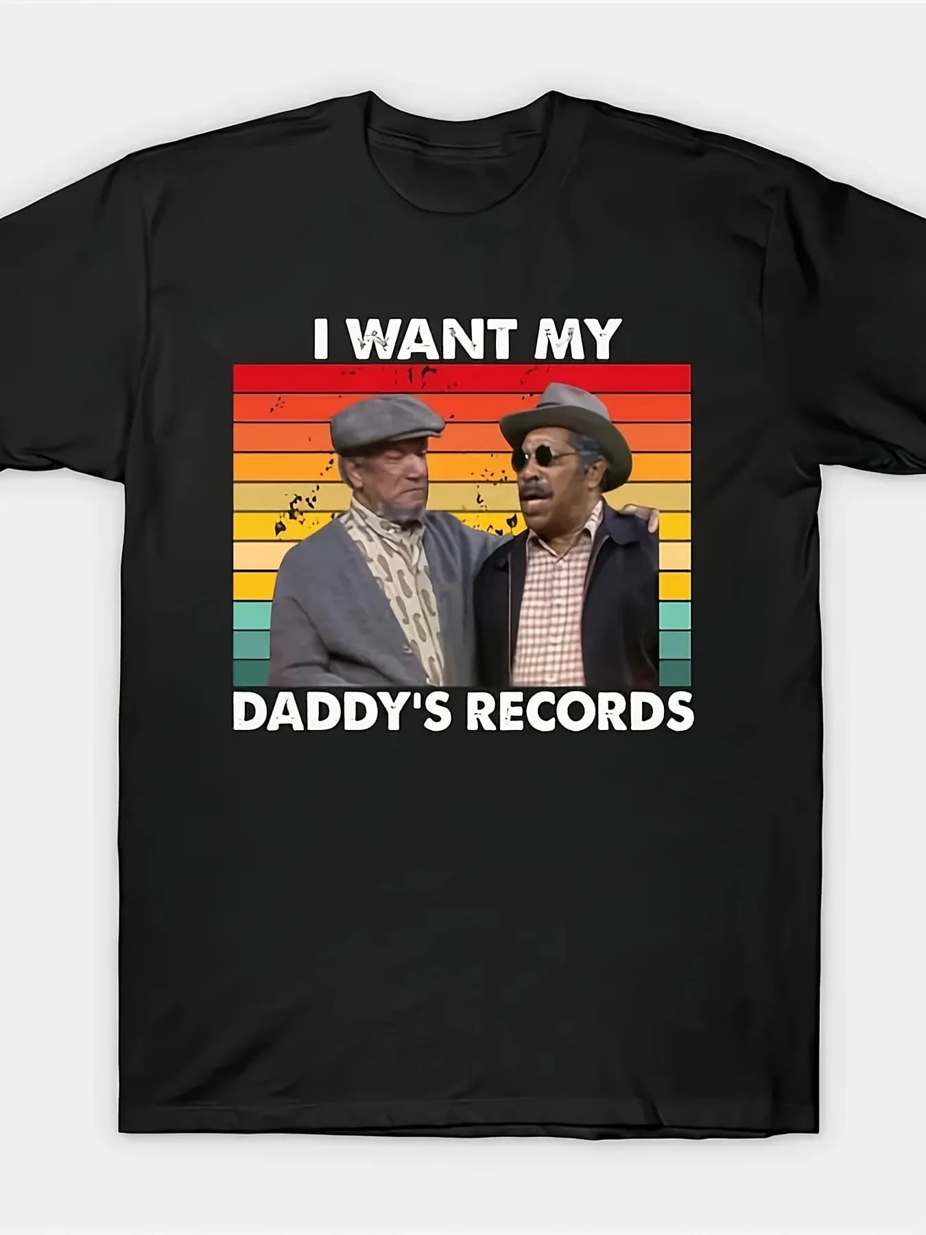 Plus-size men's "Retro Print T-shirt"—featuring a retro striped design and two stylish elderly men wearing hats and sunglasses.