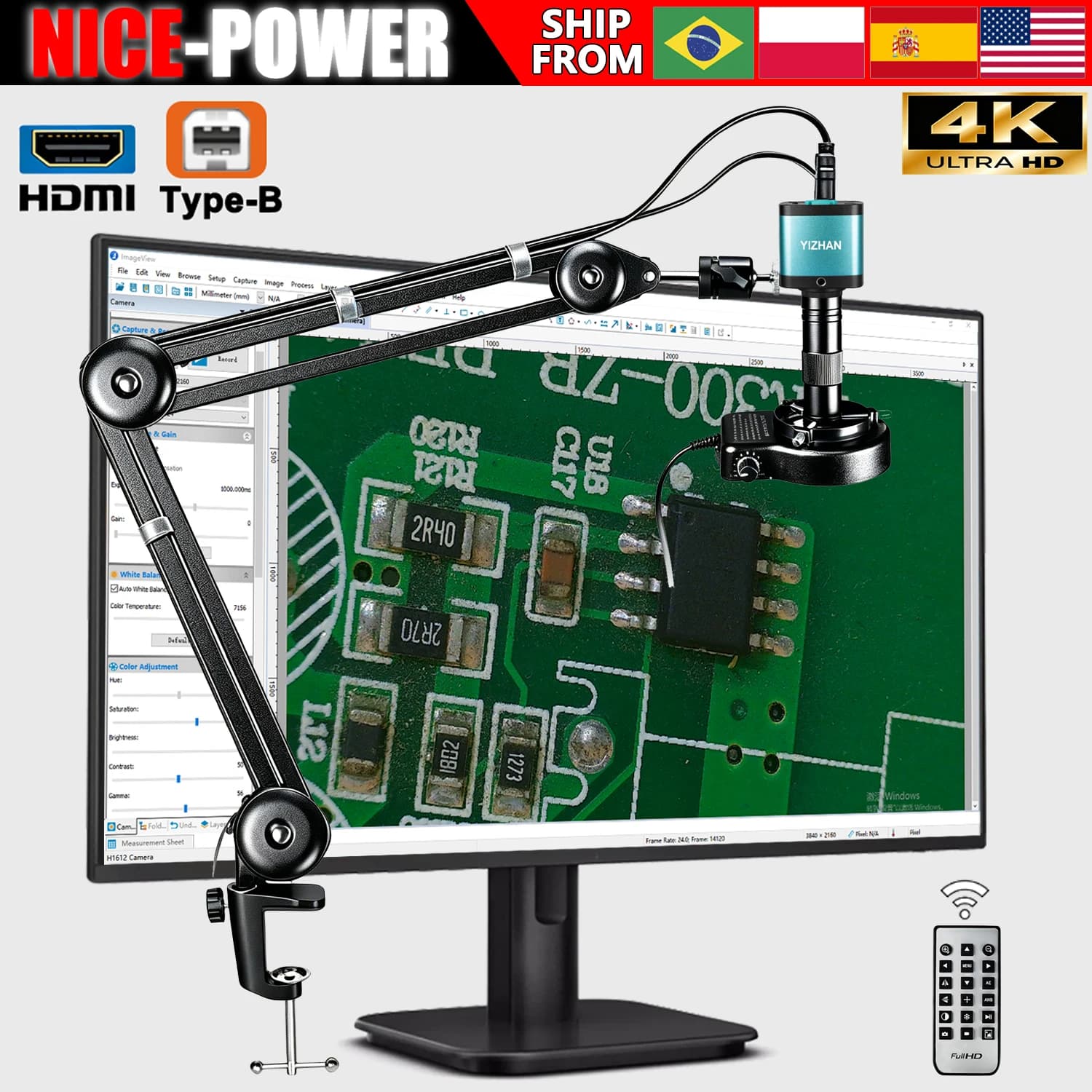 Digital Microscope for Electronics NICE-Power 48MP 4K, High resolution HDMI USB Microscope Camera Target 150X for Industrial PCB QC Welding