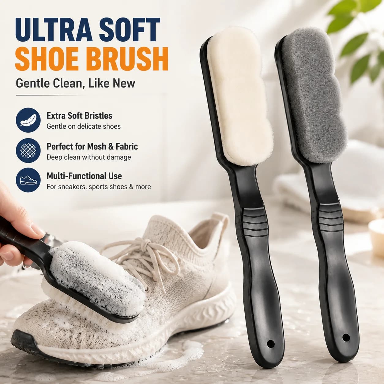 Soft Bristle Shoe Brush, Extra Soft Cleaning Brush for Mesh, Running Shoes, Long Handle, Multi-Functional