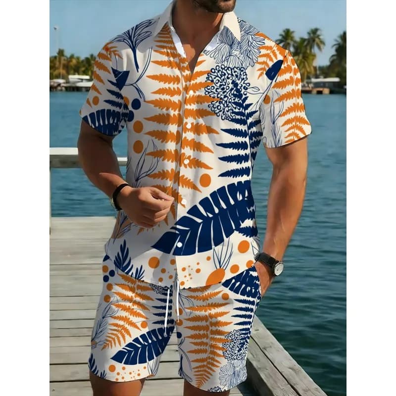 Men's Tropical Print Shirt Shorts Set Vibrant Orange Blue Pattern Polyester Beach Vacation Poolside Outdoor Casual Outfit