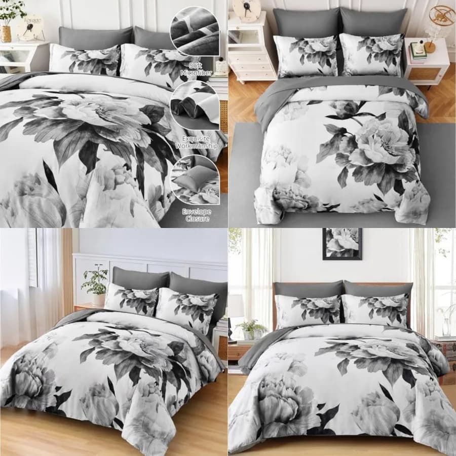 Set Copripiumino 7 Pezzi, Grigio con Stampa Floreale su Bianco, Set con Lenzuola, Morbida Microfibra Stile Botanico Rustico
