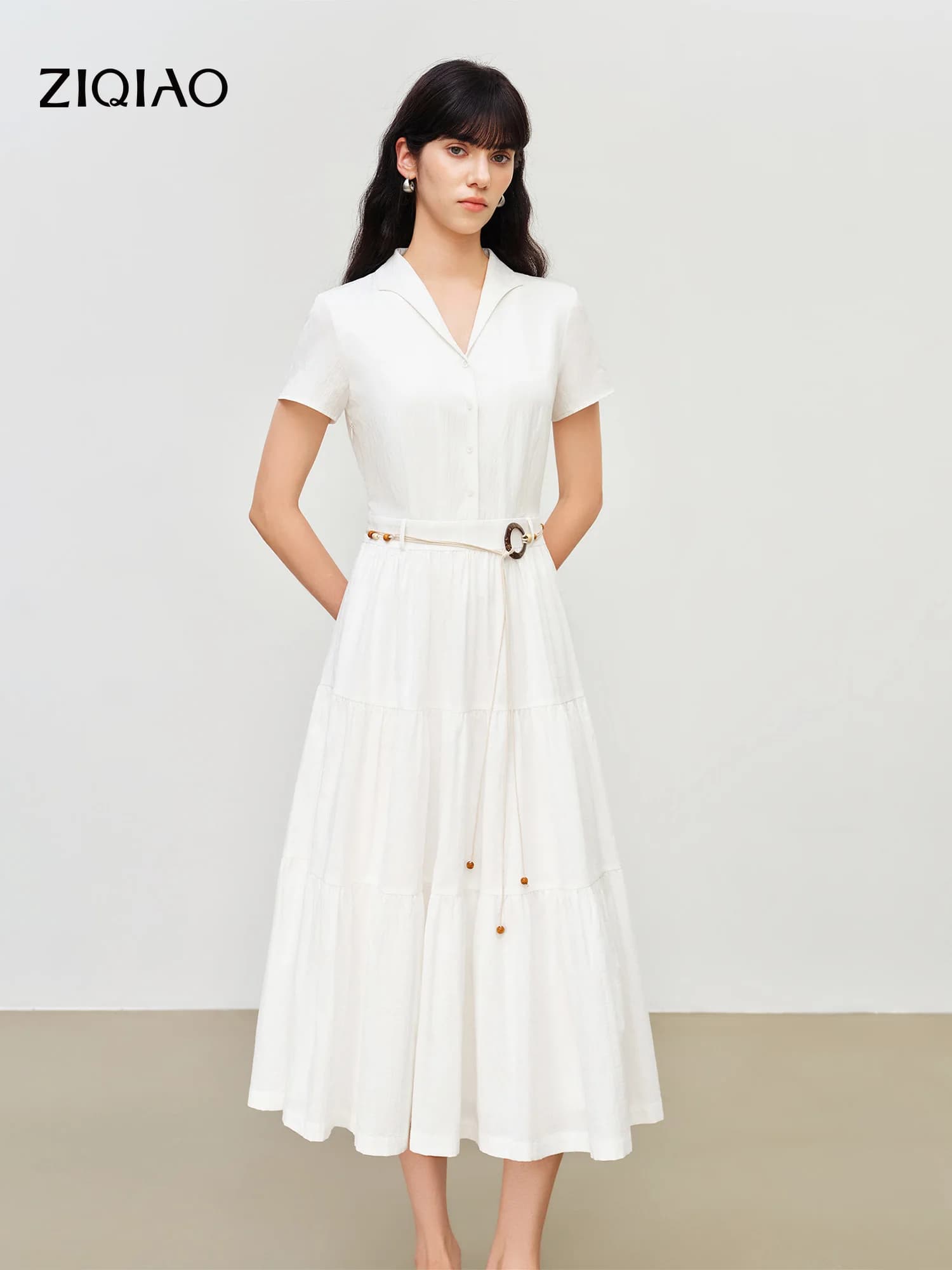 ZIQIAO 2026 Summer Petite Jacquard Belted Shirt Dress with Sashes White Waist-Cinching A-Line Midi Minimalist Quiet Luxury Style