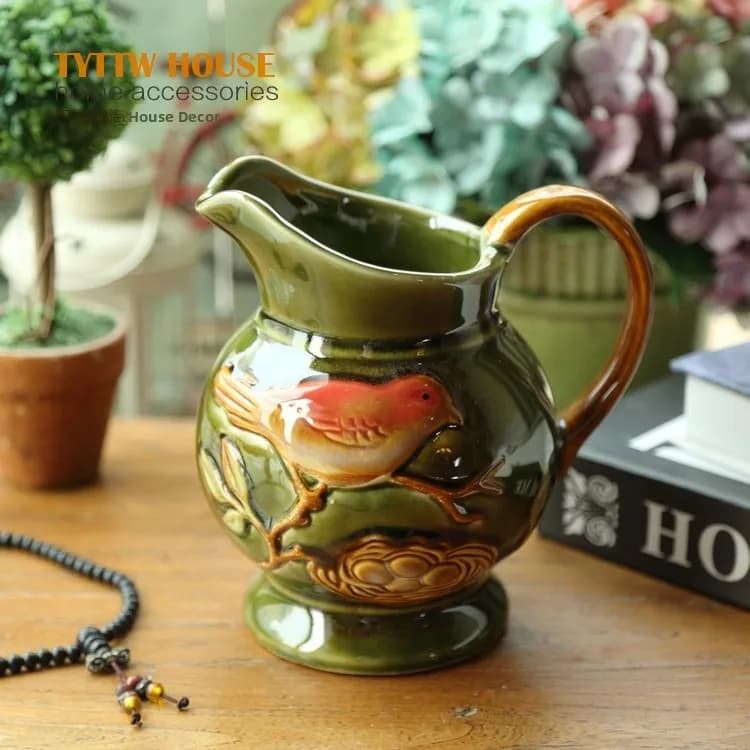 Vaso per Fiori in Ceramica Stile Europeo con Manico Singolo, Superficie Smaltata, Accessorio Decorativo da Tavolo per Sala da Pranzo, Misura Media