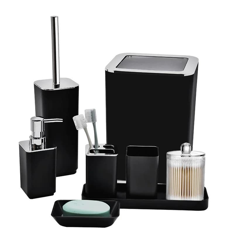 8Pcs/Set Soap Dispenser Box Toilet Brush Lotion Bottle Trash Can Bamboo Plastic Bathroom Storage Set Toothbrush Cup Holder