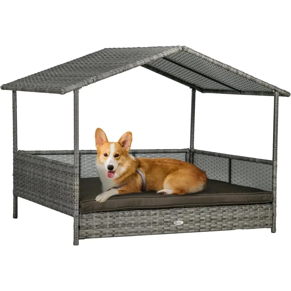 Cuccia per Cani da Esterno in Vimini Grigio Antracite con Copertura Rimovibile e Letto in Rattan per Cani di Taglia Media e Grande