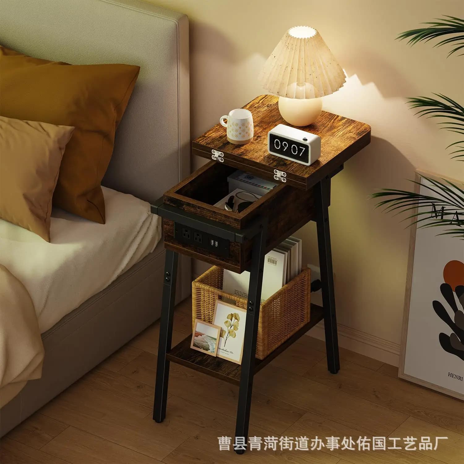 New iron-wood combined storage shelf with plug-in board, bedside storage cabinet in the bedroom, and side table shelves in