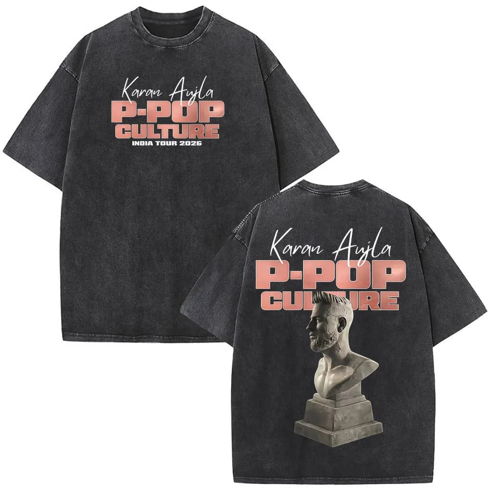 T-shirt Grafica Vintage Lavata Rapper Karan Aujla P-POP Culture Tour 2026 Uomo Donna Hip-hop T-shirt Larghe Harajuku