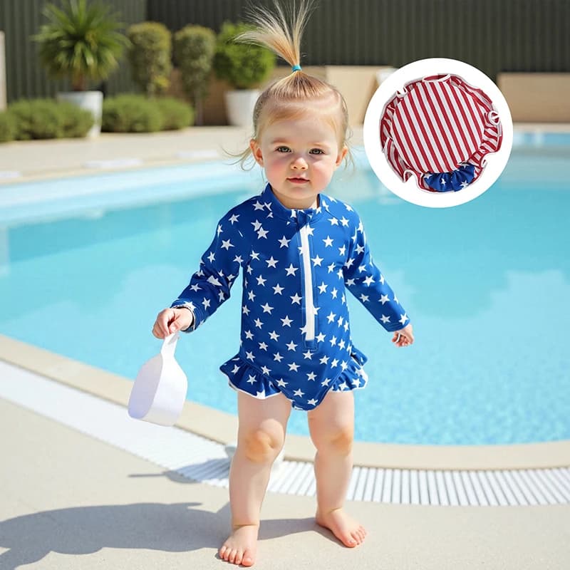 Set patriotic swimsuit for children with star print and stripes, curled zipper swimsuits and rash guard and matching swim cap for