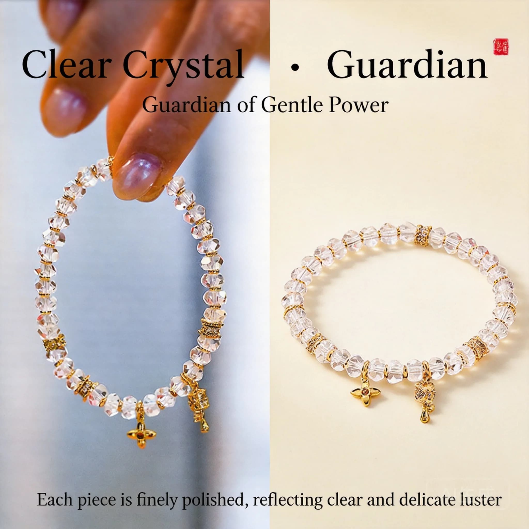 Chinese Style Lucky Blessing Faceted Clear Quartz Beaded Bracelet For Women Gold Plated Zircon Inlaid Tibetan Bell Charm Wealth