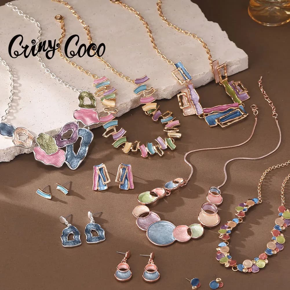 Cring Coco Handmade Enamel Geometric Pendant and Earrings for Women Zinc Alloy Boho Sets Jewelry Gifts for Birthday Christmas Mo