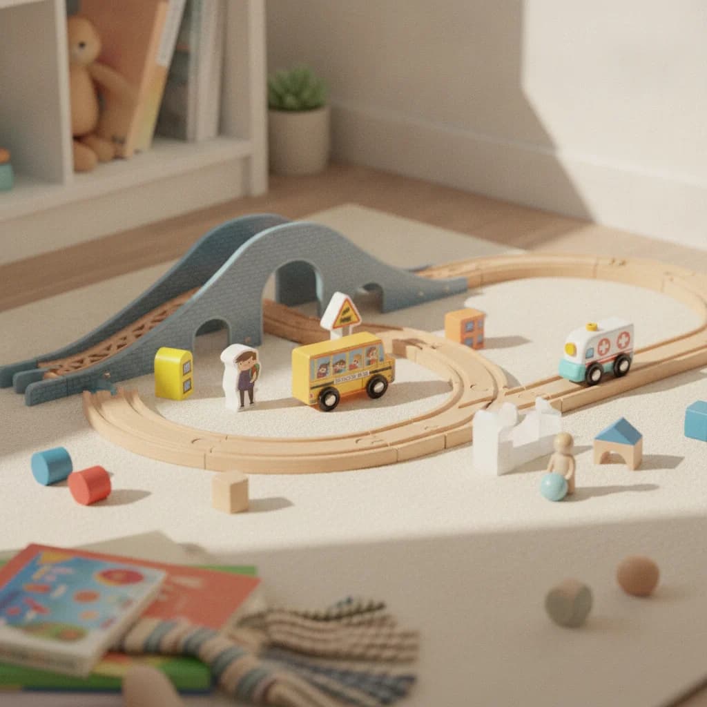Wooden Scene Block Track Toy Cartoon-Style Interlocking Wooden Track Set Railway Layout Easy to Expand for Children