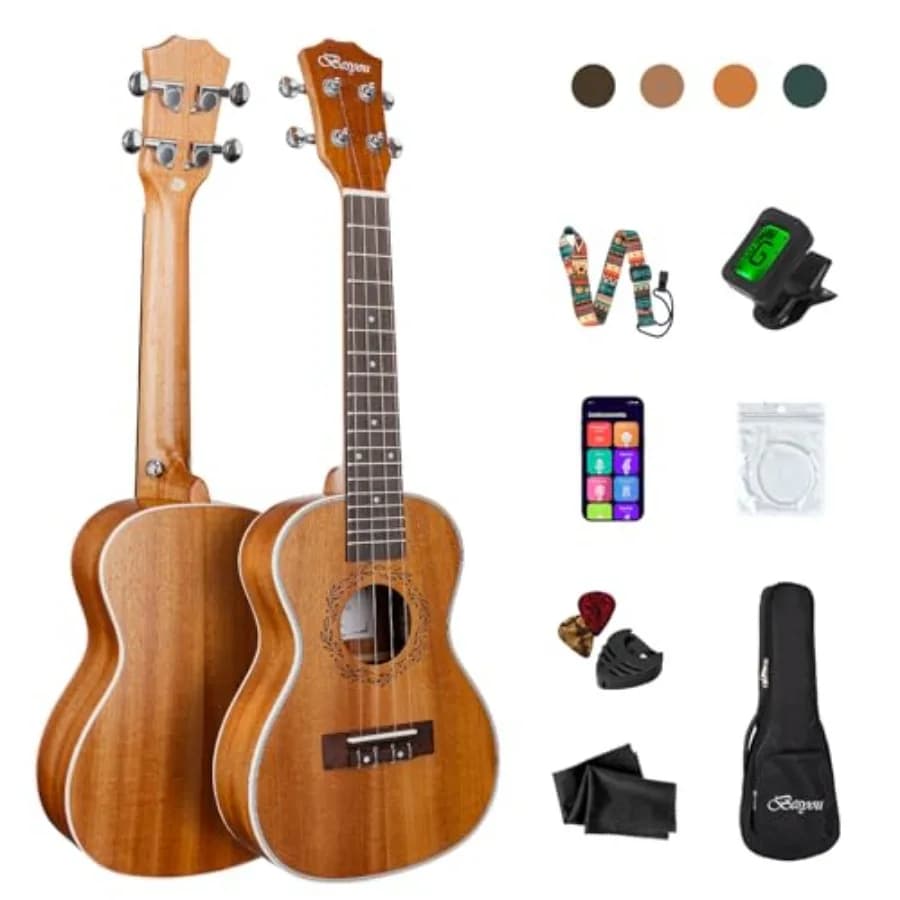 Ukulele Uku da 23 pollici per principianti, adulti e studenti, in legno di mogano, kit da concerto con accordatore, borsa da trasporto e tracolla in nylon/carbonio