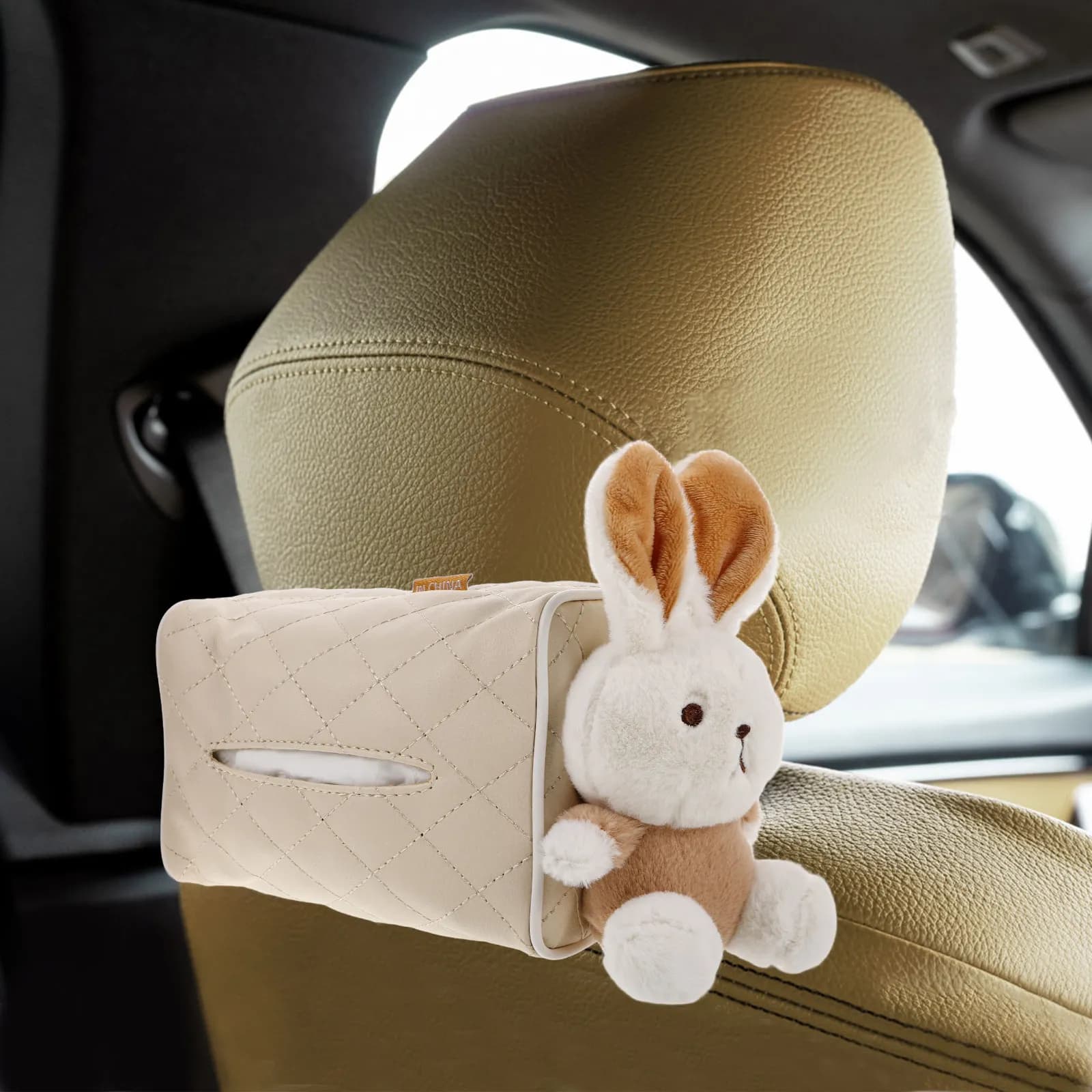 Porta Fazzoletti a Forma di Coniglio Cartone Animato per Auto, Dispenser Morbido in PU da Appendere al Poggiatesta, Simpatico Porta Carta Igienica a Forma di Animale Divertente