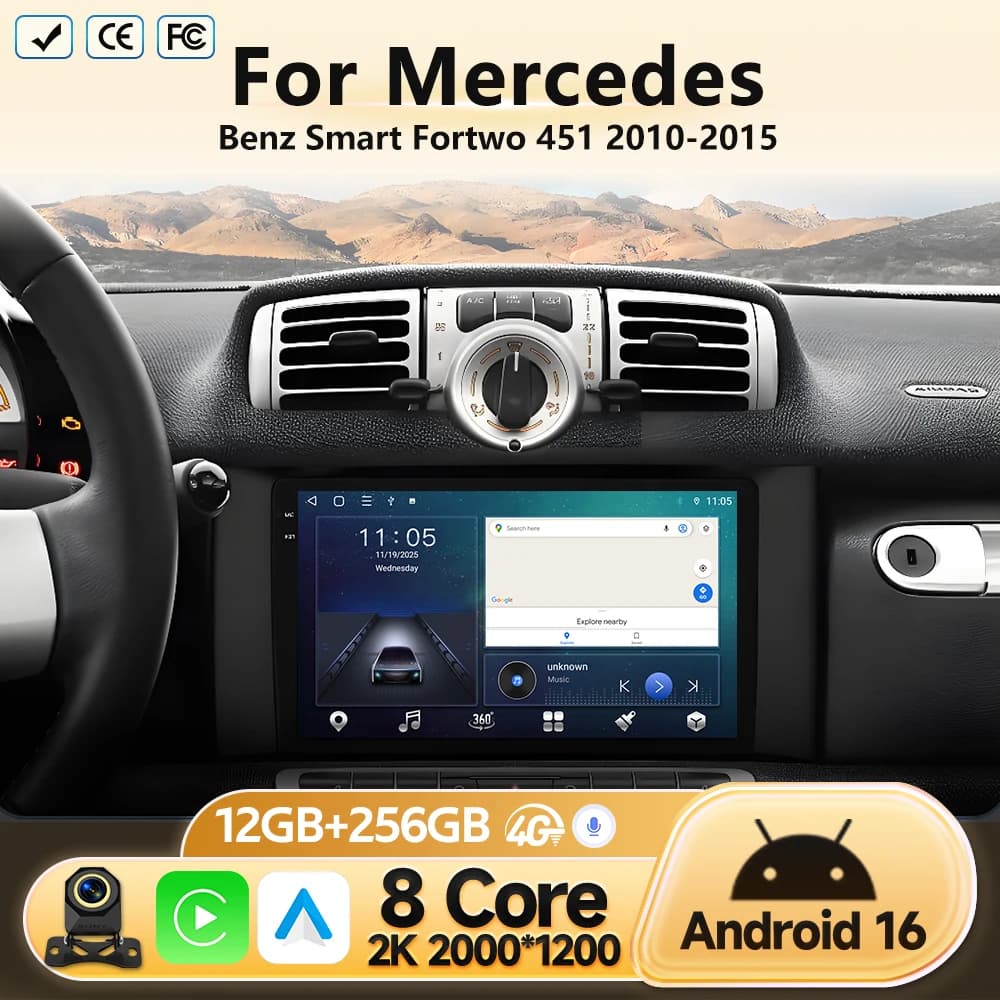 Android 16 per Mercedes Benz Smart Fortwo 451 2010 2011 2012-2015 Navigatore GPS per auto, radio, lettore multimediale video, stereo, senza DVD