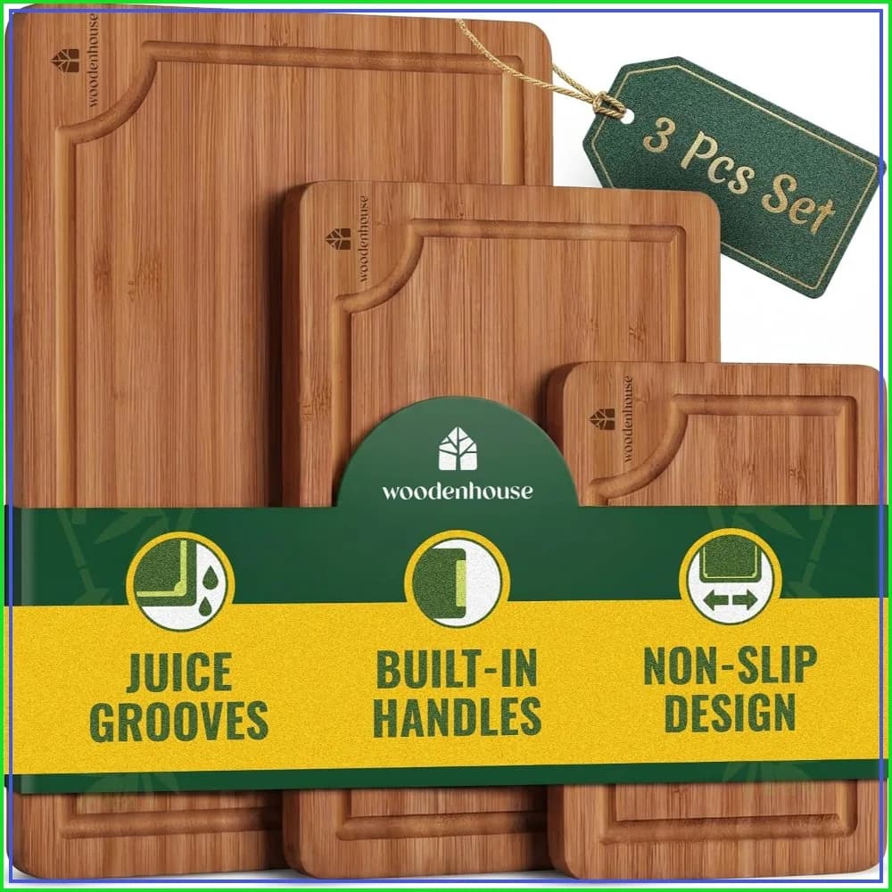 Bamboo Cutting Board Set of 3 - Durable, Large, with Juice Grooves & Handles