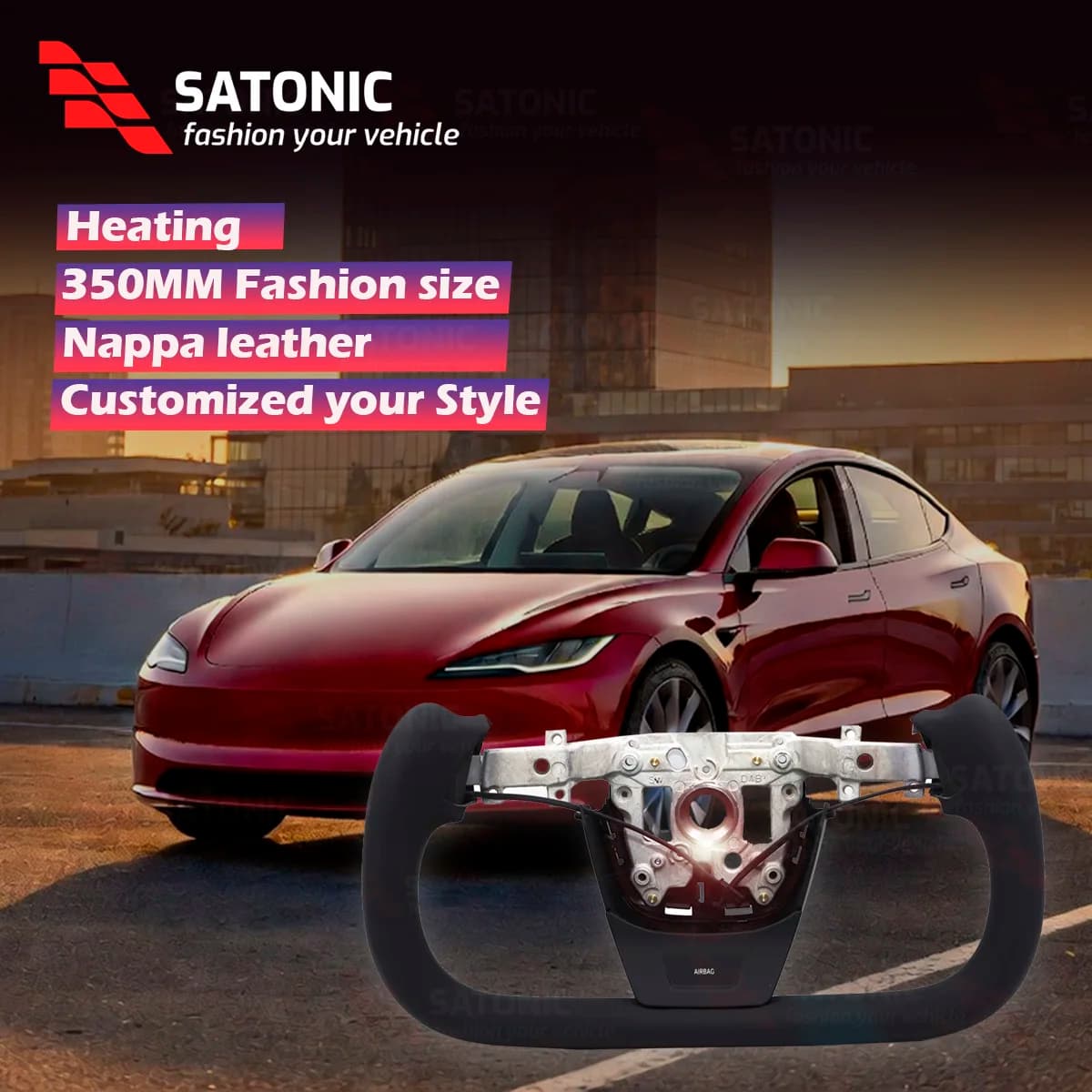 SATONIC 350mm Yoke Steering Wheel for Tesla 2026 Model 3 | Heated Leather & Customizable Colors | OEM Fitment V3