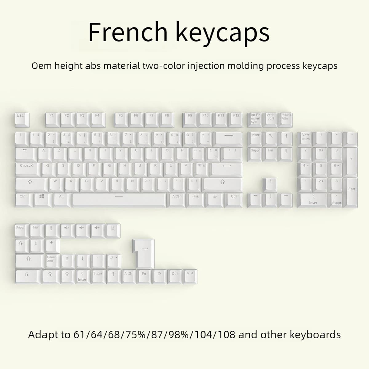 Tastiera meccanica con layout francese, keycaps OEM altezza 132, tasti in ABS trasparenti con caratteri ISO per tastiere da 61, 64, 68, 75, 87, 98, 104, 108 tasti.