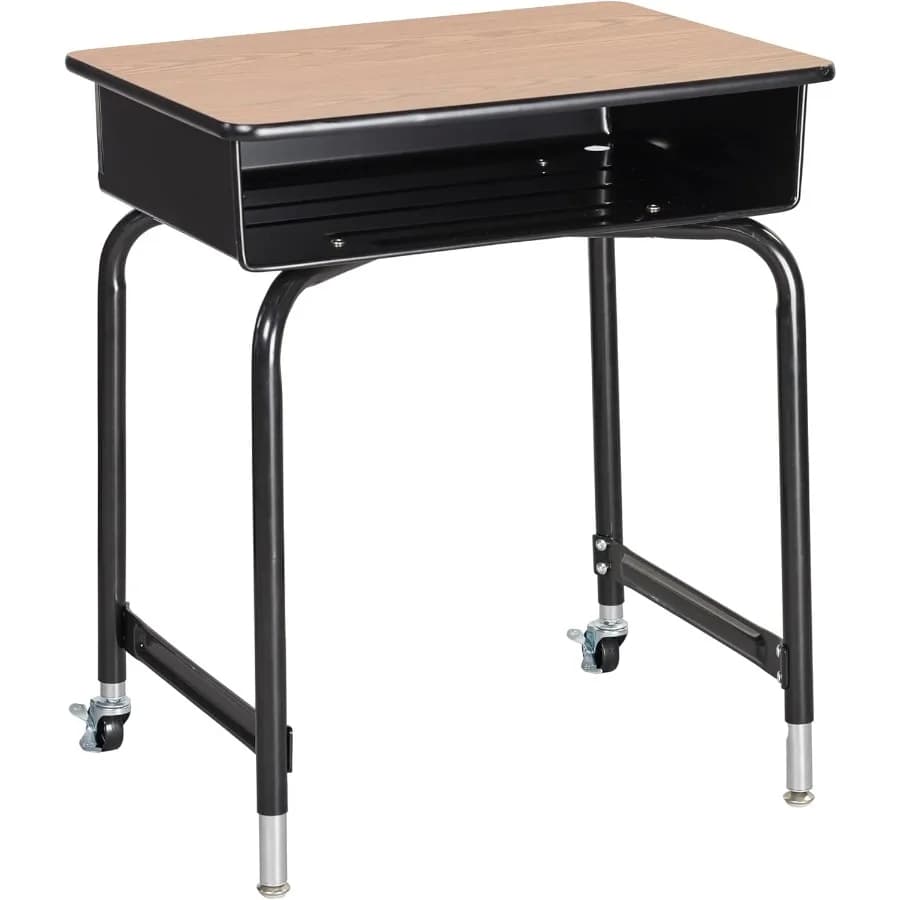 Reception mobile aperta con scatola portaoggetti in metallo, mobili per aula, rovere