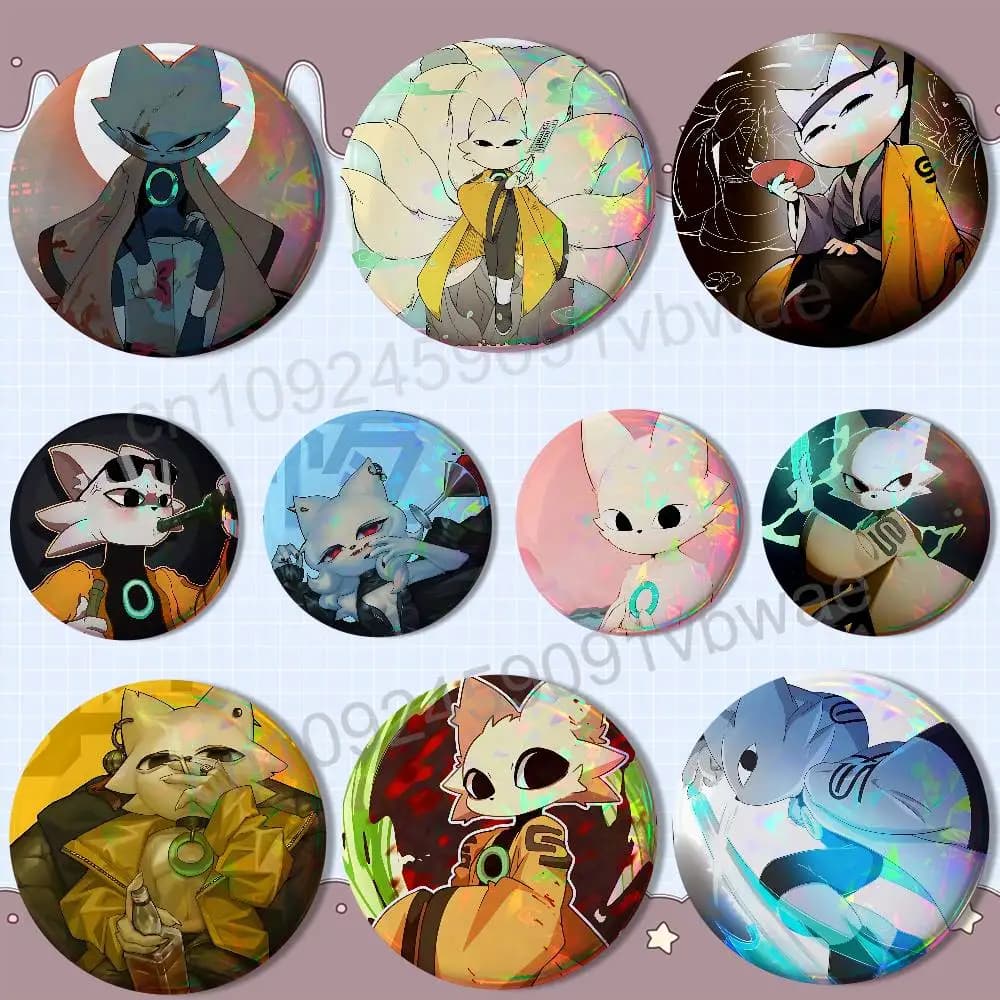 cute Yi The Fox Nine Sols cat Reflective Pin Tinplate Round Brooch Cartoon Cosplay Badges for Bag Hat Toys Gifts