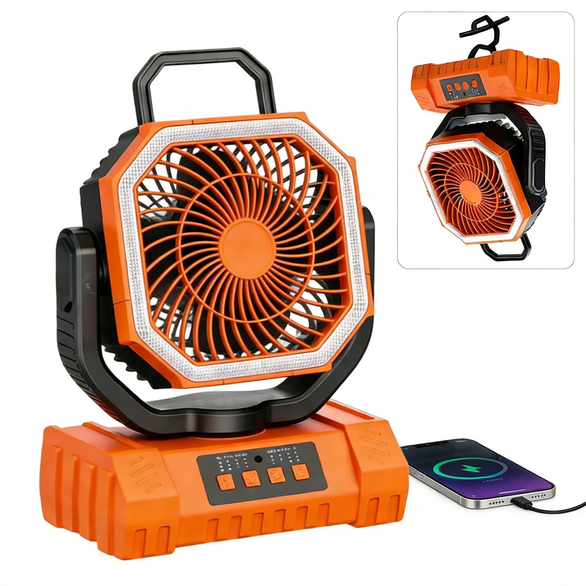 Ventilatore da campeggio ricaricabile con batteria da 20000 mAh, 4 velocità, luce LED e gancio - Ventilatore da esterno per feste, interruzioni di corrente e pesca
