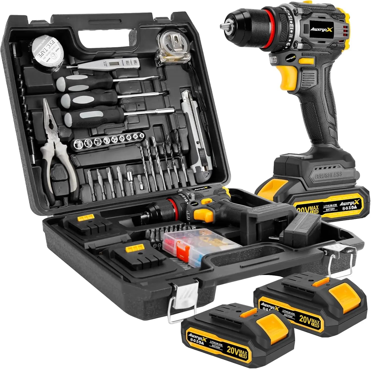 Set di Trapano Compatto Brushless 60N.m 20V, 2 Batterie, Kit di Riparazione Domestica 135 Pezzi