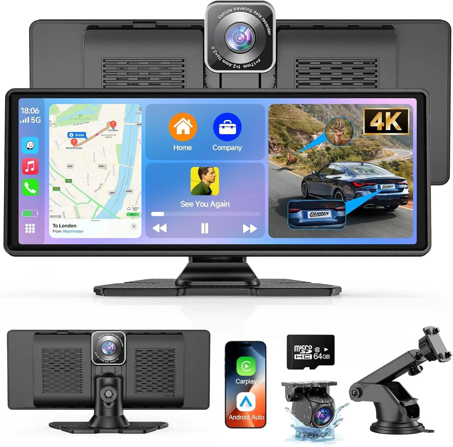FAHREN Wireless CarPlay Screen for Car, Tablet Car 10.26" with CarPlay and Android Auto, Dash Cam 4K and Retromarcia 2K Camera, GPS Navigation