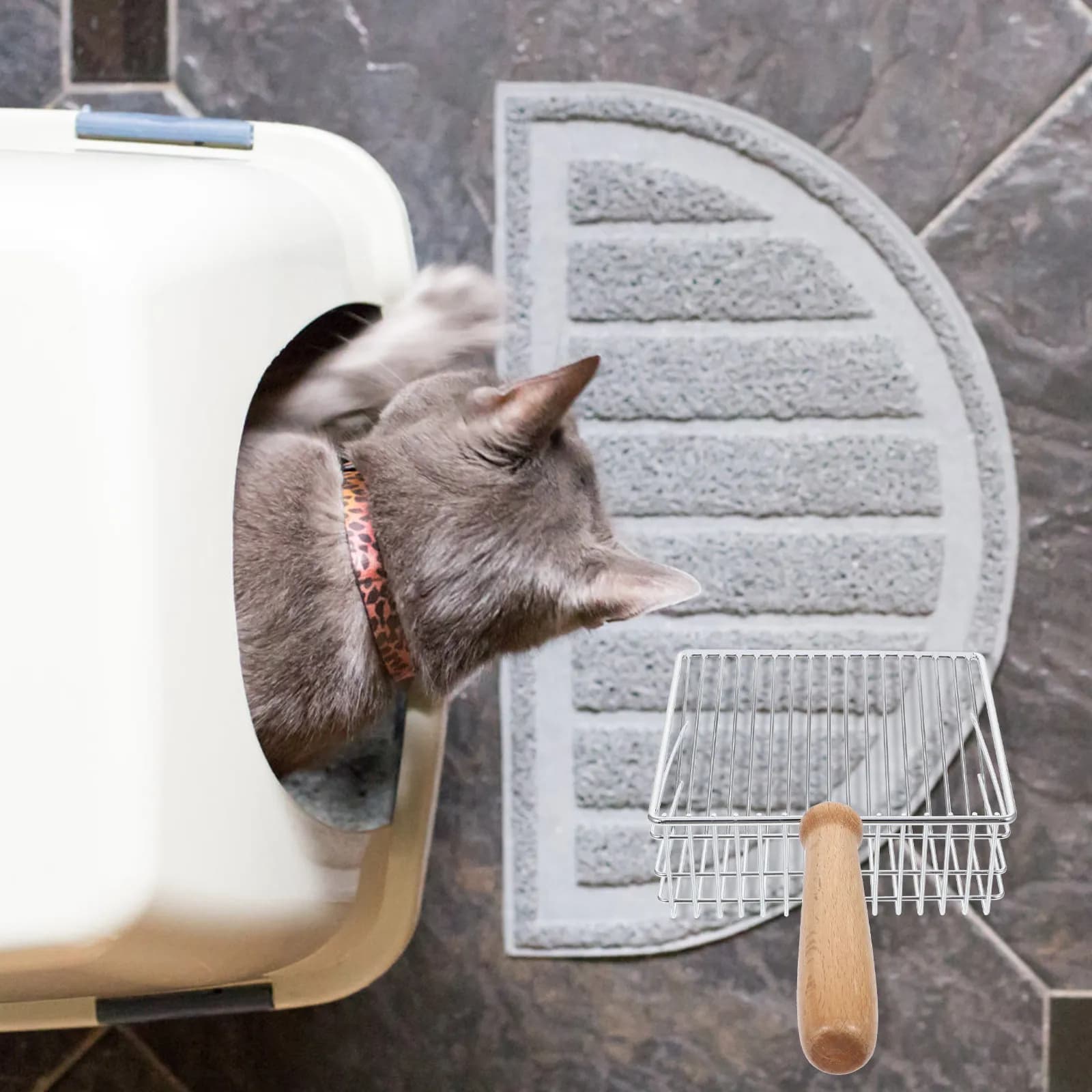 1 Pezzo Paletta per Lettiera per Gatti in Acciaio Inossidabile e Legno, Ecologica, con Impugnatura Confortevole, Manico Lungo, Design a Filtro Anti-Perdita per Sabbia Efficiente