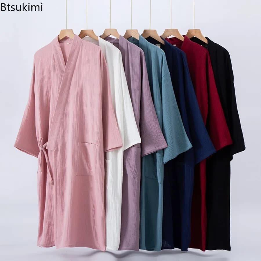 Accappatoi in garza di cotone per uomo e donna Primavera Estate Kimono giapponese Mujer Abiti comodi e larghi Indumenti da notte di media lunghezza solidi