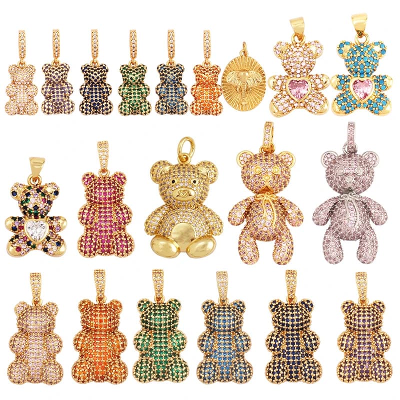 Ciondolo con ciondolo con zirconi cubici arcobaleno intarsiato fine di lusso, braccialetto con collana di gioielli con orsetto carino che realizza forniture all'ingrosso M85