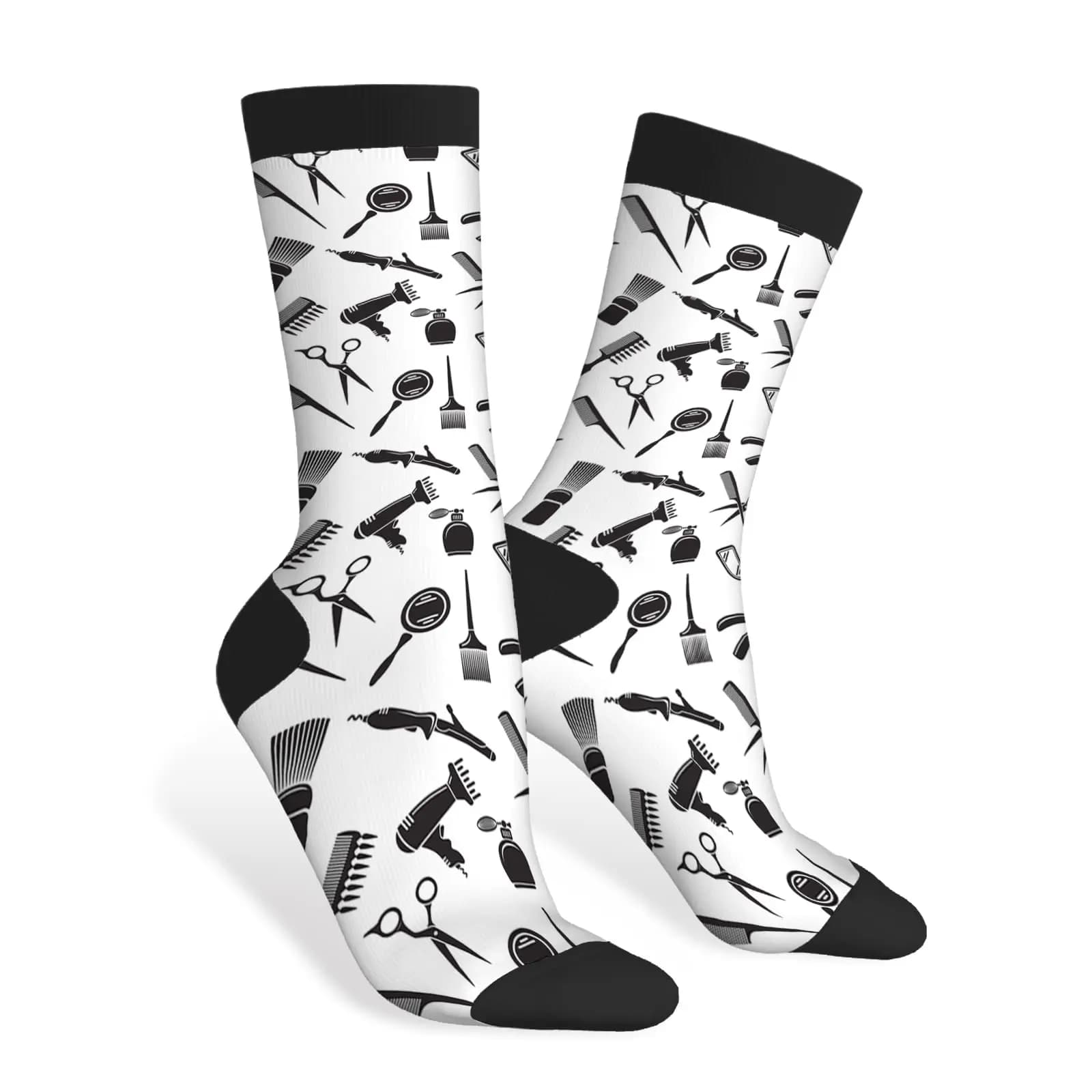 Calzini divertenti per salone e barbiere Nero Bianco Attrezzatura da barbiere Specchio di bellezza Pettine Ferro arricciacapelli Design per capelli per donna Uomo Regalo