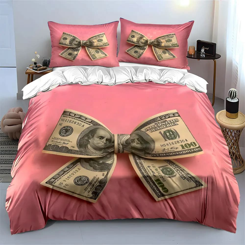 Set di biancheria da letto con stampa fiocco dollaro su sfondo rosa, morbido e confortevole, include 1 copripiumino e 2 federe, regalo di lusso