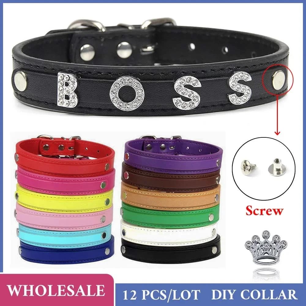 12 pezzi all'ingrosso pianura in pelle PU nome fai da te ID collare per cani lettere personalizzate Charms cucciolo gatto collo collari per cani di piccola taglia media