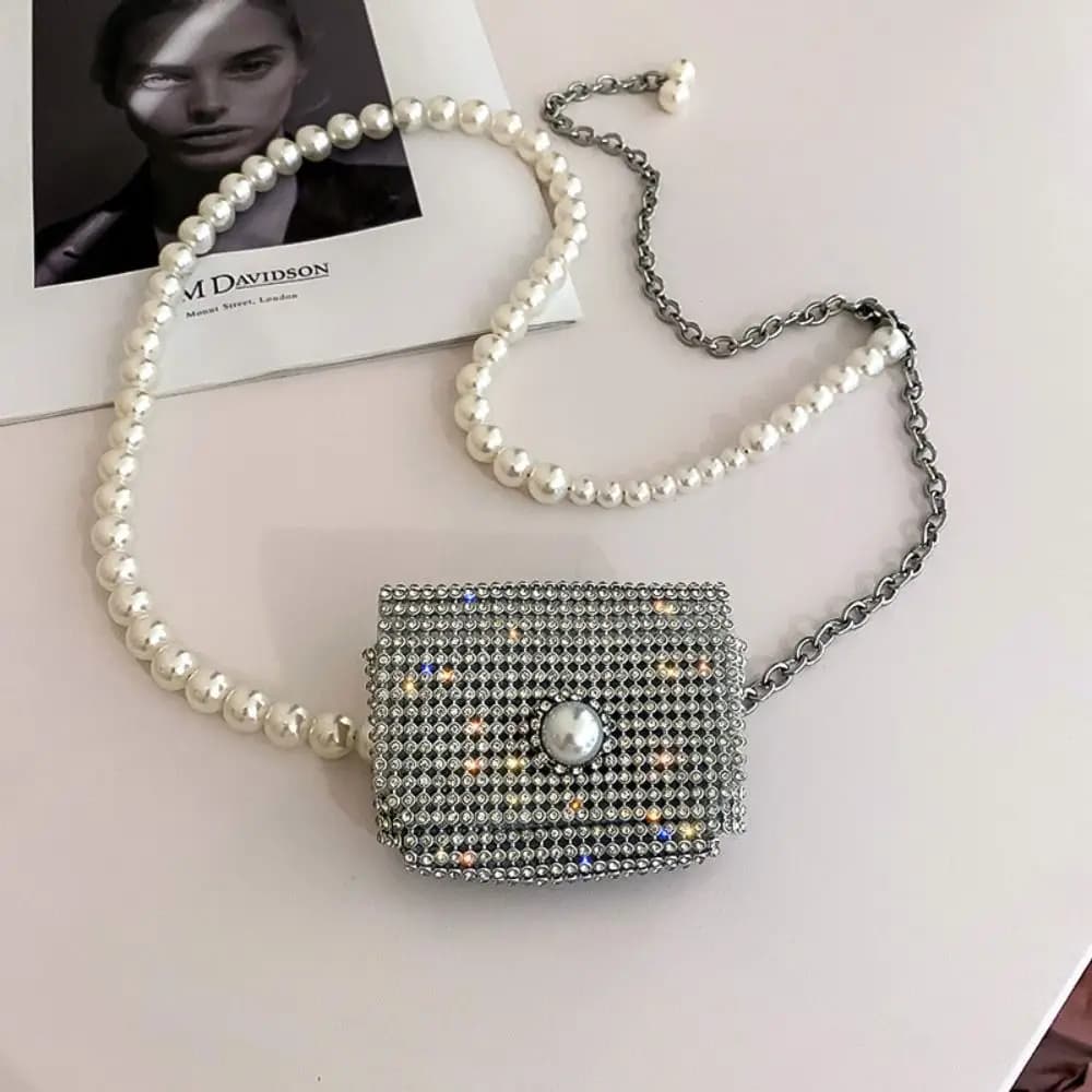 Borsa da Cintura in Stile Coreano con Strass e Perle, Mini Borsa di Lusso Trendy per Donne, Decorazione per Abiti con Lunga Nappina