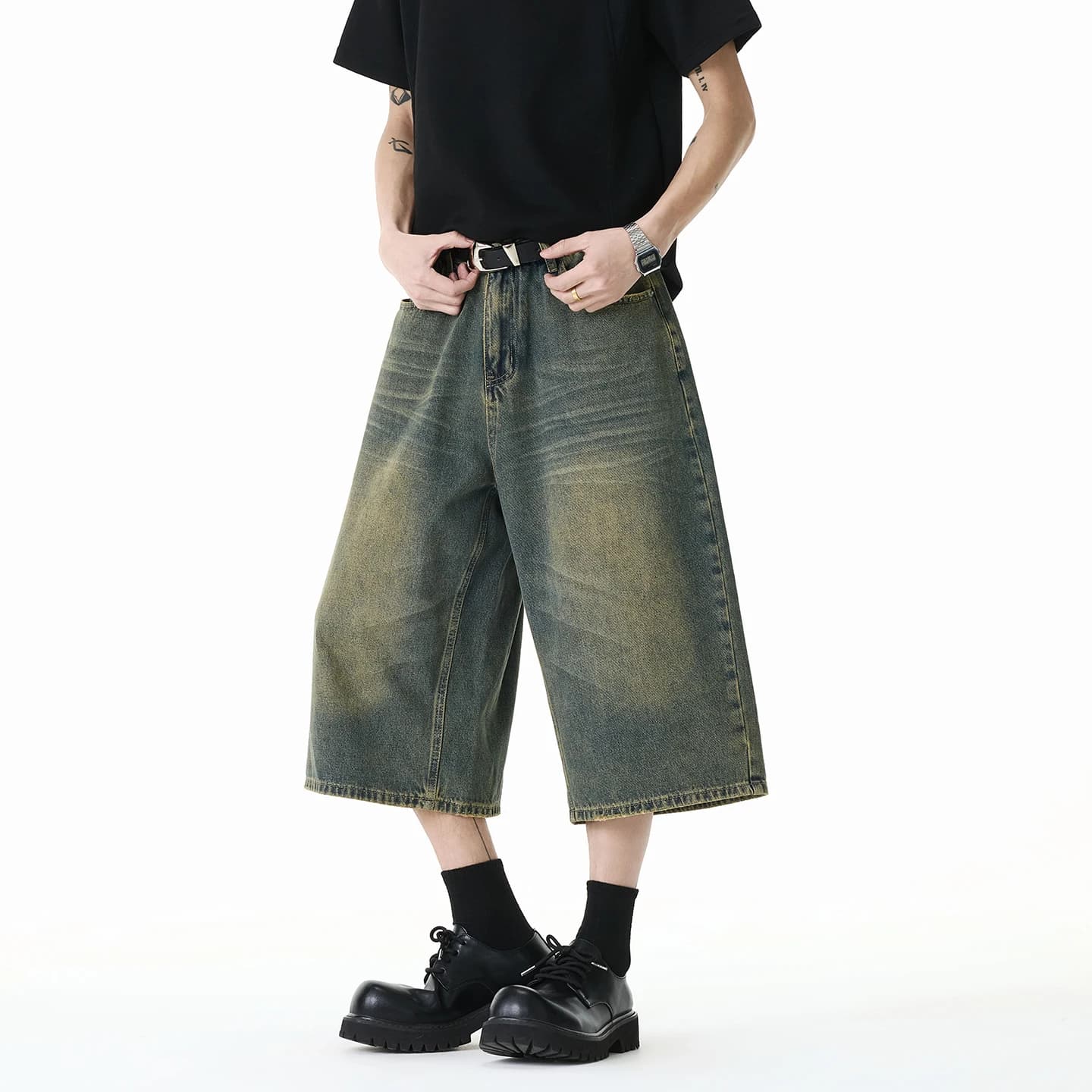 Men's and women's summer new denim cropped pants high street retro American high-quality distressed straight-leg loose jeans