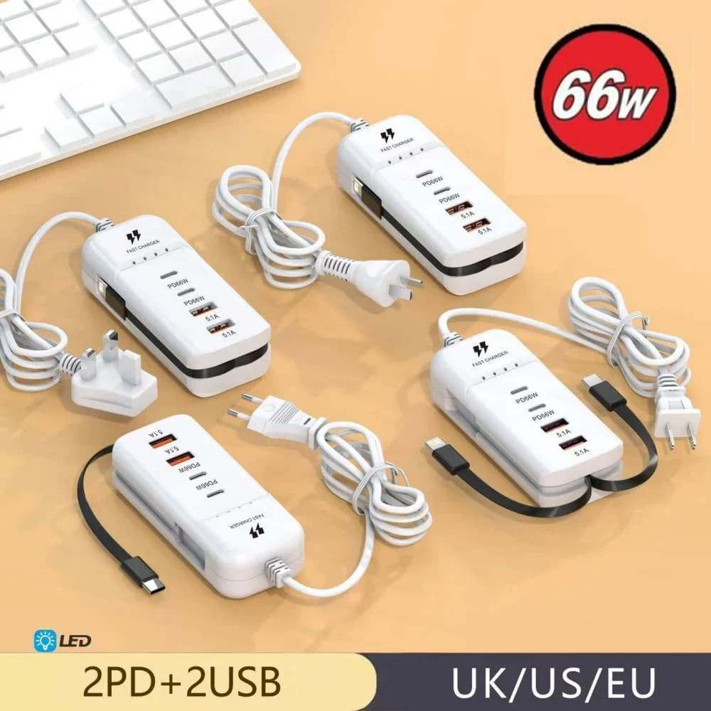 PD 66W 4 USB Charger Type C Fast Charging Power Socket USB Hub Adapter Type C Cable Quick Wall Charger For iPhone Samsung Xiaomi