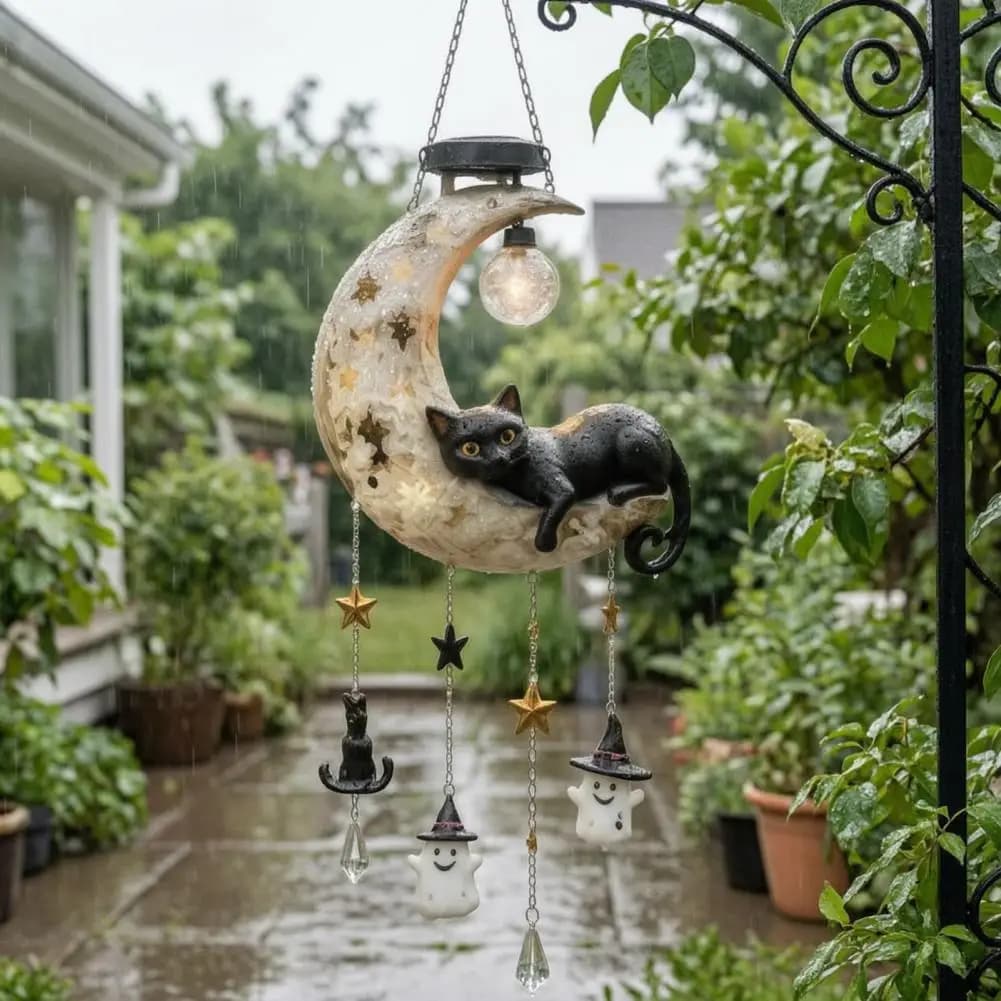Solar Moon Black Cat Lamp Outdoor Garden Hanging Wind Chimes Solar Moon Black Cat Wind Chime Light Solar Powered Outdoor for Mom