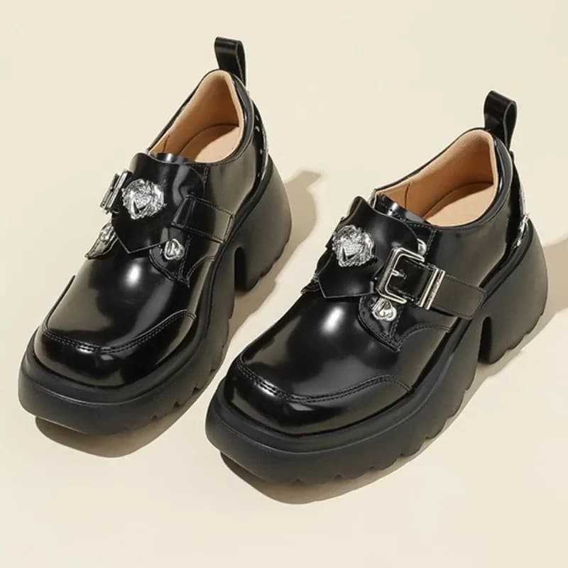Mocassini con suola spessa con decorazione in metallo Fibbia per cintura da donna Tacco grosso Scarpe Mary Jane Moda donna Scarpe in pelle con punta tonda Donna