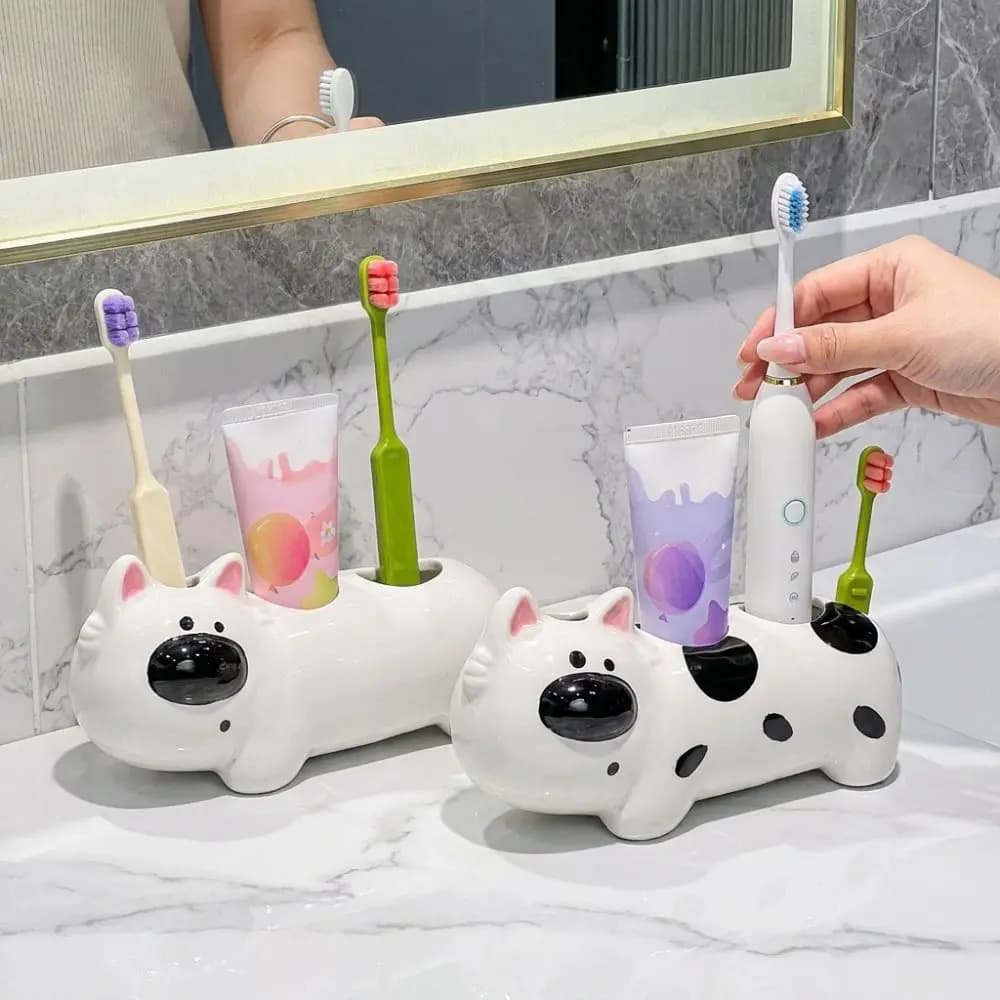 Ceramic Dog Shaped Toothbrush Holder Waterproof Non Slip Toothpaste Toothbrush Base 4 Slots Decorative Toothbrush Storage Rack