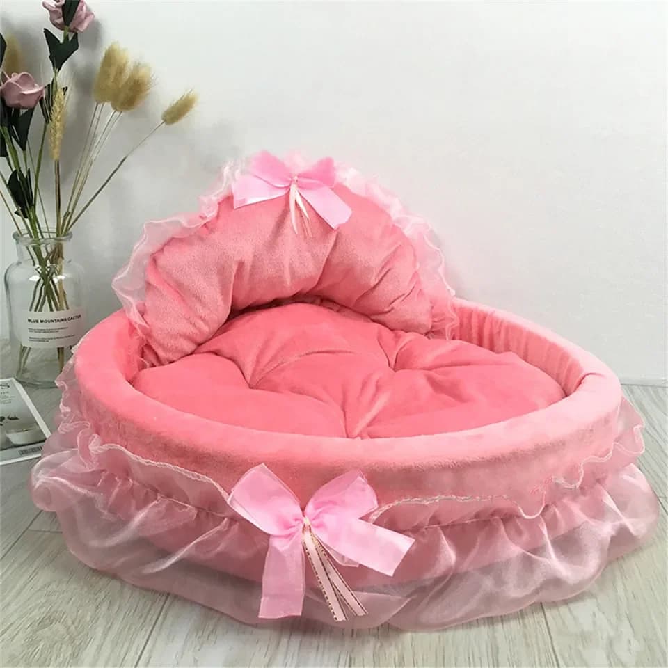 Letti per cani Hanpanda Fantasy Bow in pizzo per cani di taglia grande Cestino per letto per animali domestici ovale rosa staccabile per mobili da sposa per animali domestici