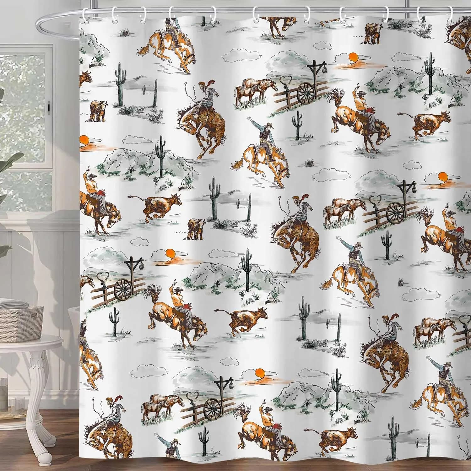 Tenda da doccia Western Cowboy per bagno, tende da bagno Wild West Cowboy Ride Horse Cactus, Farmhouse Country American West Th