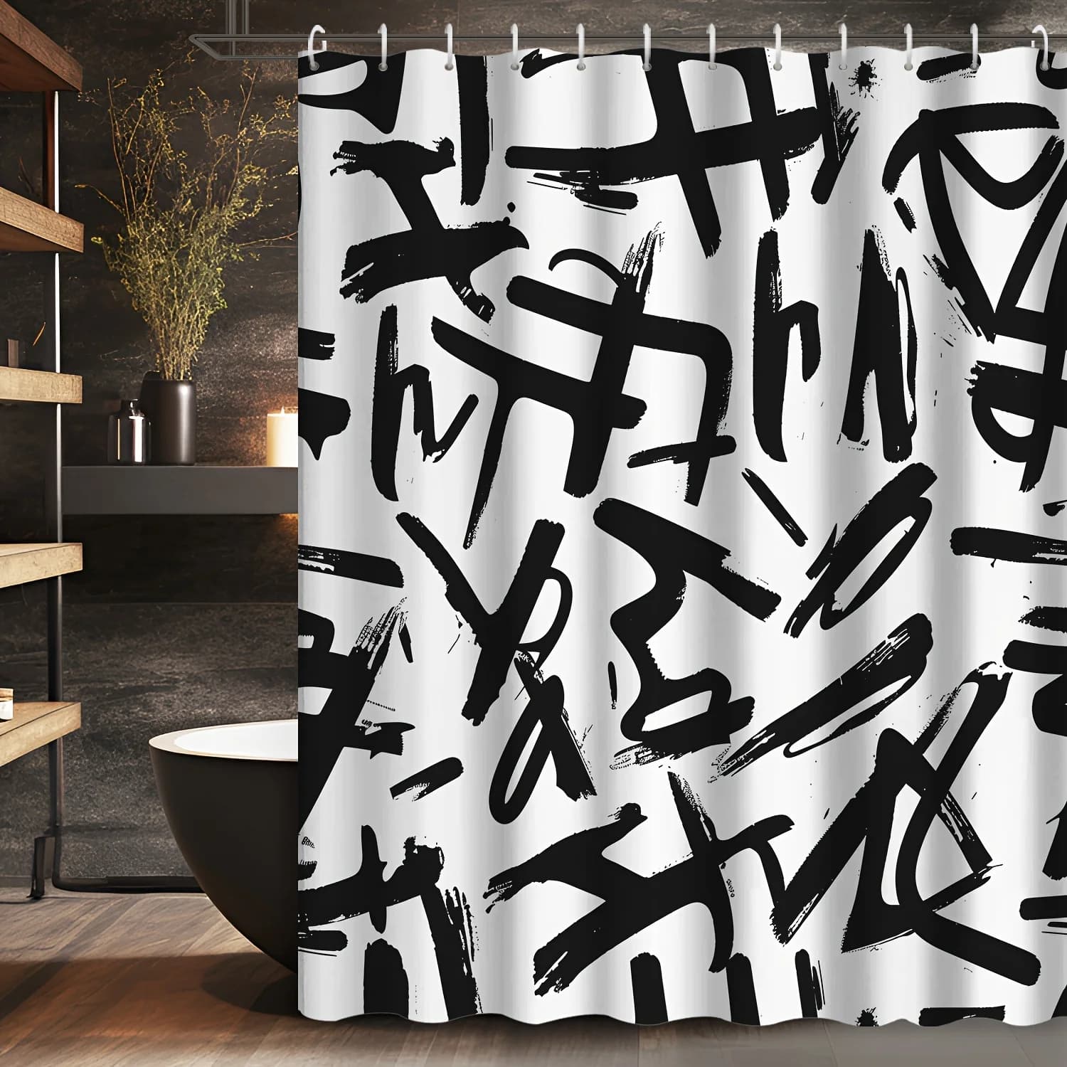 Black White Abstract Brush Stroke Shower Curtain, Modern Graffiti Art Waterproof Bath Curtain, Minimalist Bathroom Decor