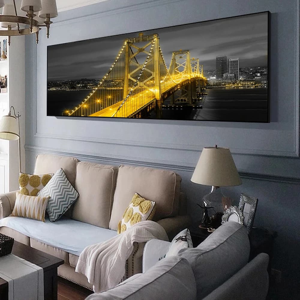 Painting on Modern Urban Night Landscape Canvas, Black and Golden Bridge Posters, Wall Panel for Living and Furnished Home