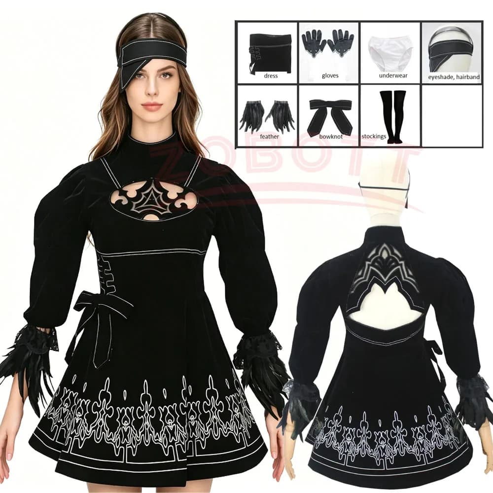 8PCS anime 2B Cosplay Costume Game Women Eye Mask Gloves Socks Black Dress 2B Cosplay Costume Halloween Accessories