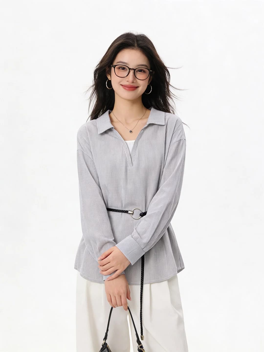 Camicia a maniche lunghe a righe in stile coreano con cintura, abbigliamento casual da donna per la primavera e l'autunno