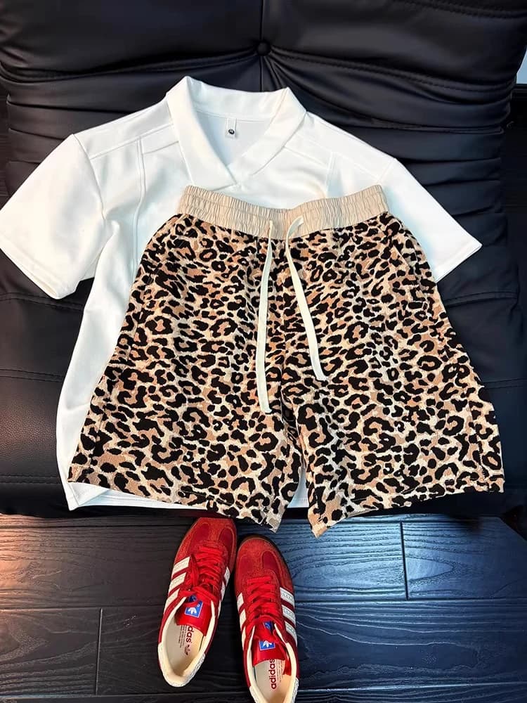 Pantaloncini Lavorati a Maglia con Stampa Leopardata Stile American Vintage da Uomo, Abbigliamento Estivo Trendy da Spiaggia, Pantaloni a Cinque Punti Tinti con Nodo, Vita Elastica Larga
