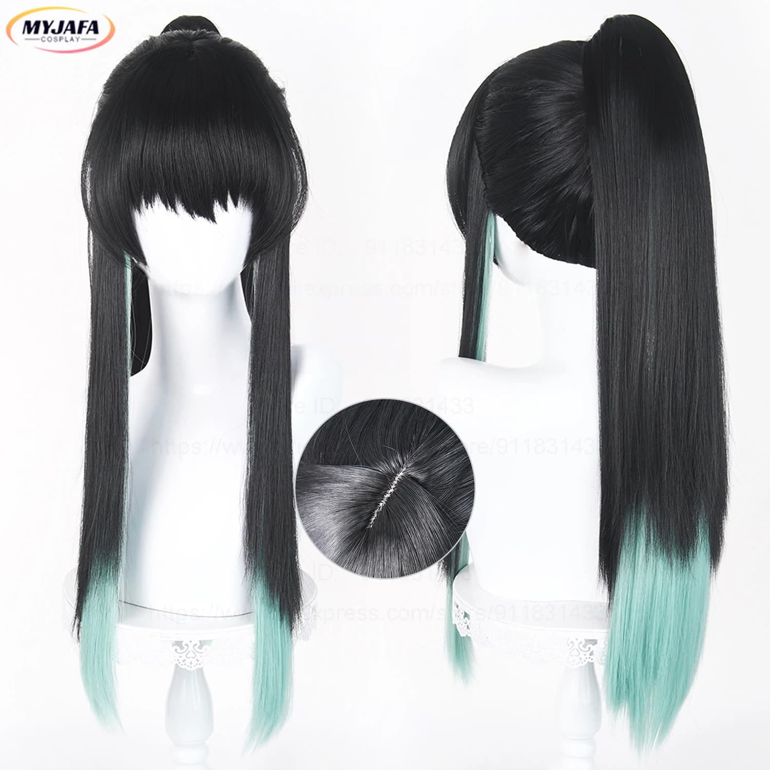 Nuova Parrucca Cosplay Tokitou Muichirou 68cm con Clip per Coda di Cavallo, Nera e Verde, Resistente al Calore, Capelli Sintetici per Feste e Anime + Cuffia per Parrucca
